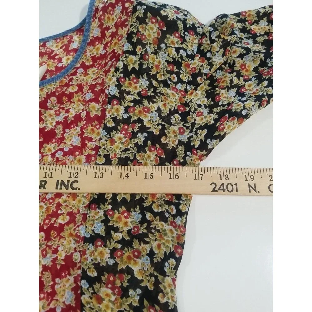 Tickets Vintage‎ Dress S Cottagecore Floral Top Denim Skirt Long Sleeve Knee